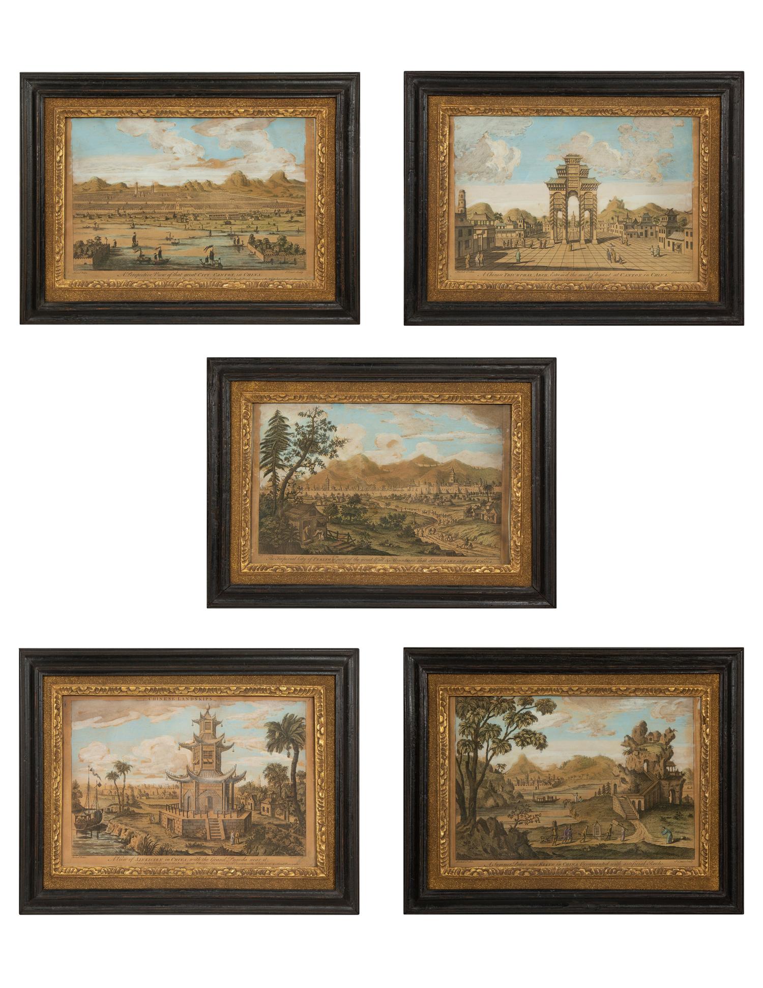 A Set of Five Colored Engravings of Views of China, After Augustin Heckel
