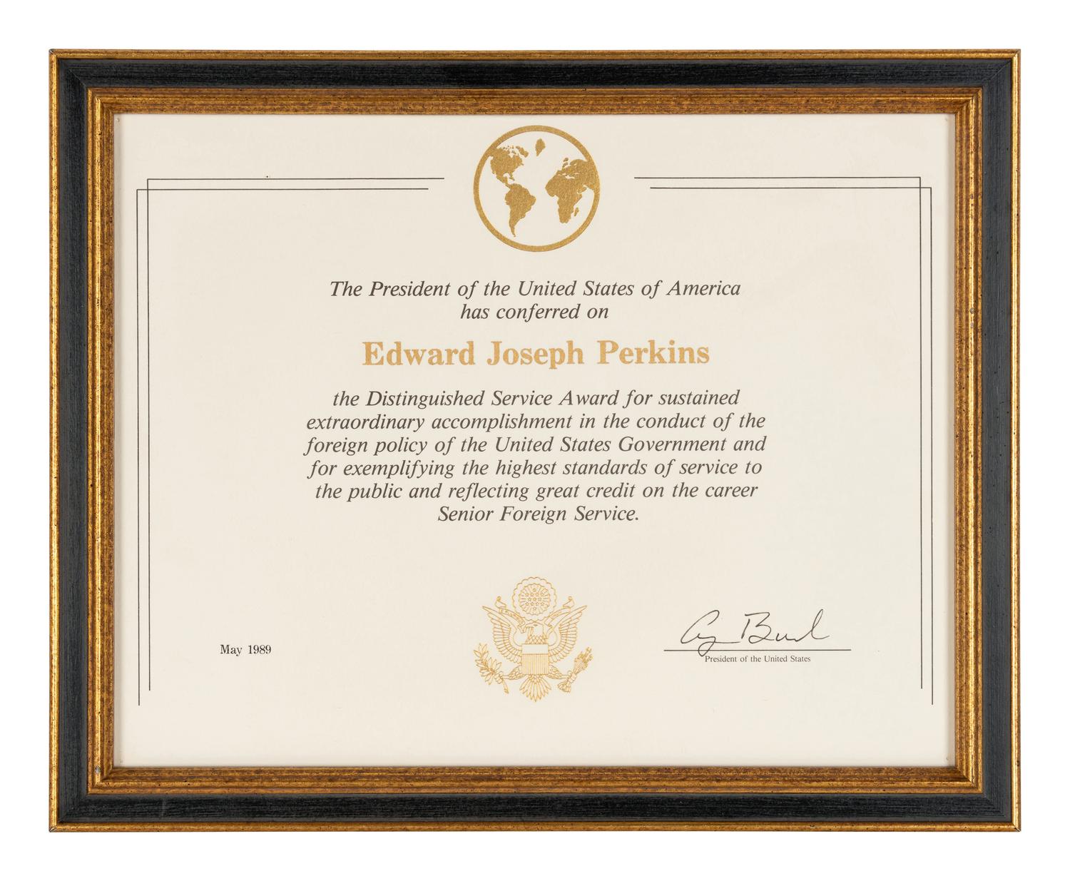 [PERKINS, Edward Joseph (1928-2020)]. A group of 9 documents or photographs by Presidents Nixon, Reagan, or Bush to Perkins, presumably with secretarial or facsimile signatures, including: