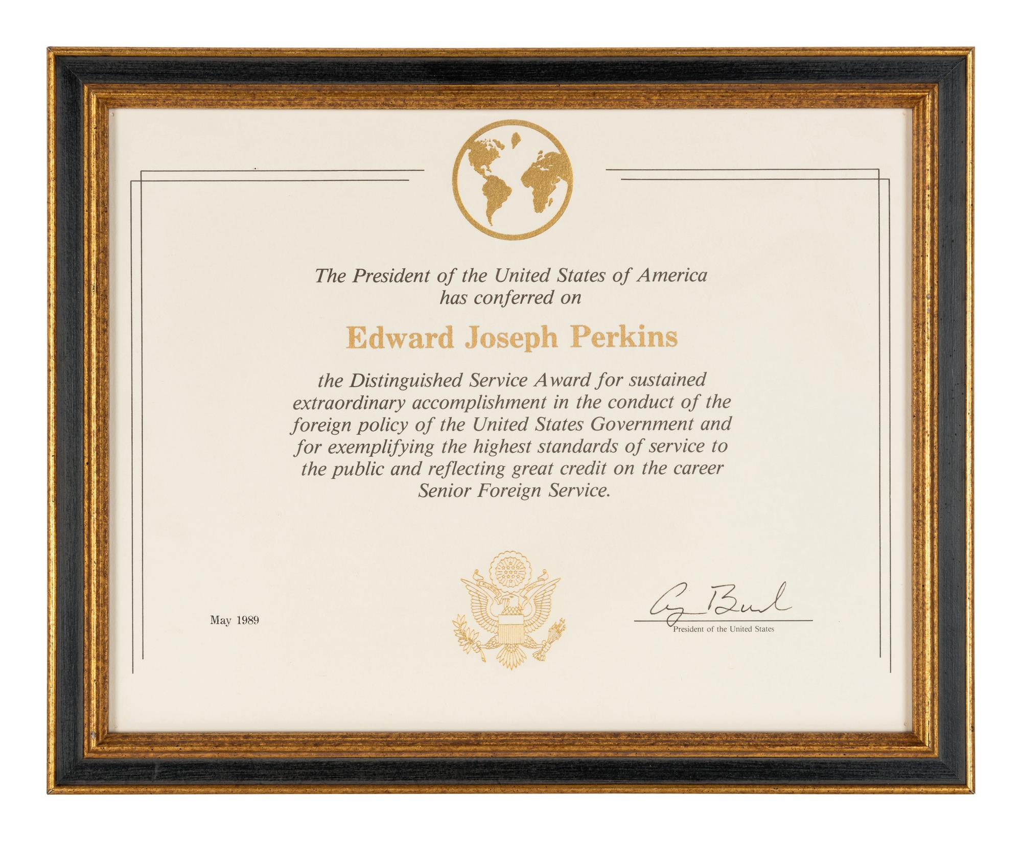 [PERKINS, Edward Joseph (1928-2020)]. A group of 9 documents or photographs by Presidents Nixon, Reagan, or Bush to Perkins, presumably with secretarial or facsimile signatures, including: