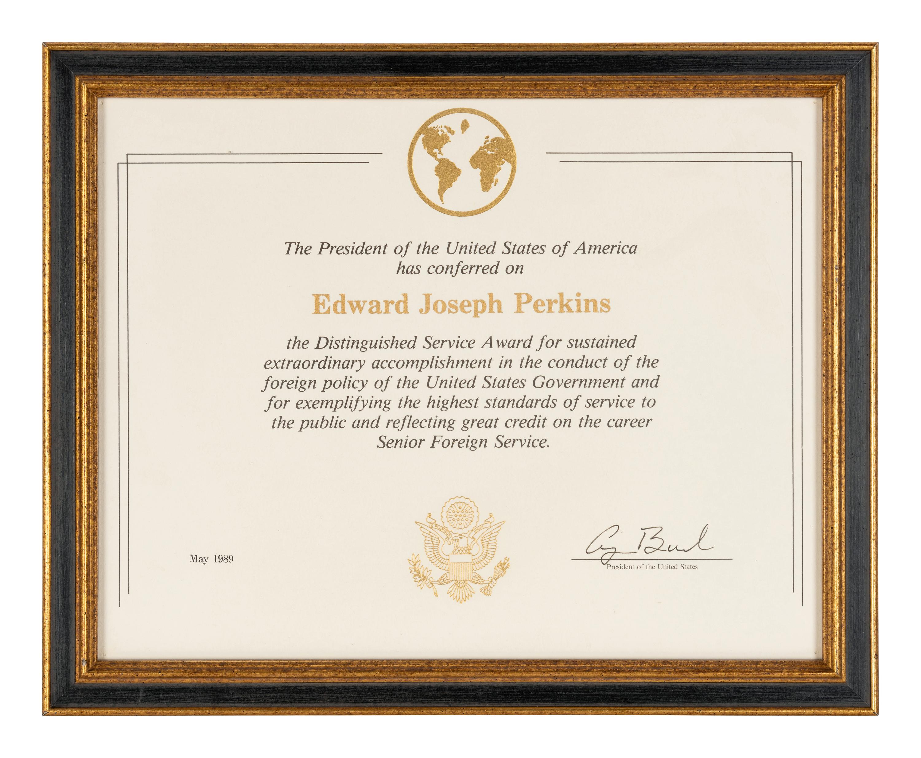 [PERKINS, Edward Joseph (1928-2020)]. A group of 9 documents or photographs by Presidents Nixon, Reagan, or Bush to Perkins, presumably with secretarial or facsimile signatures, including:
