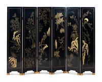 A Chinese Six-Panel Black Lacquered and Hardstone Inlaid Folding Screen