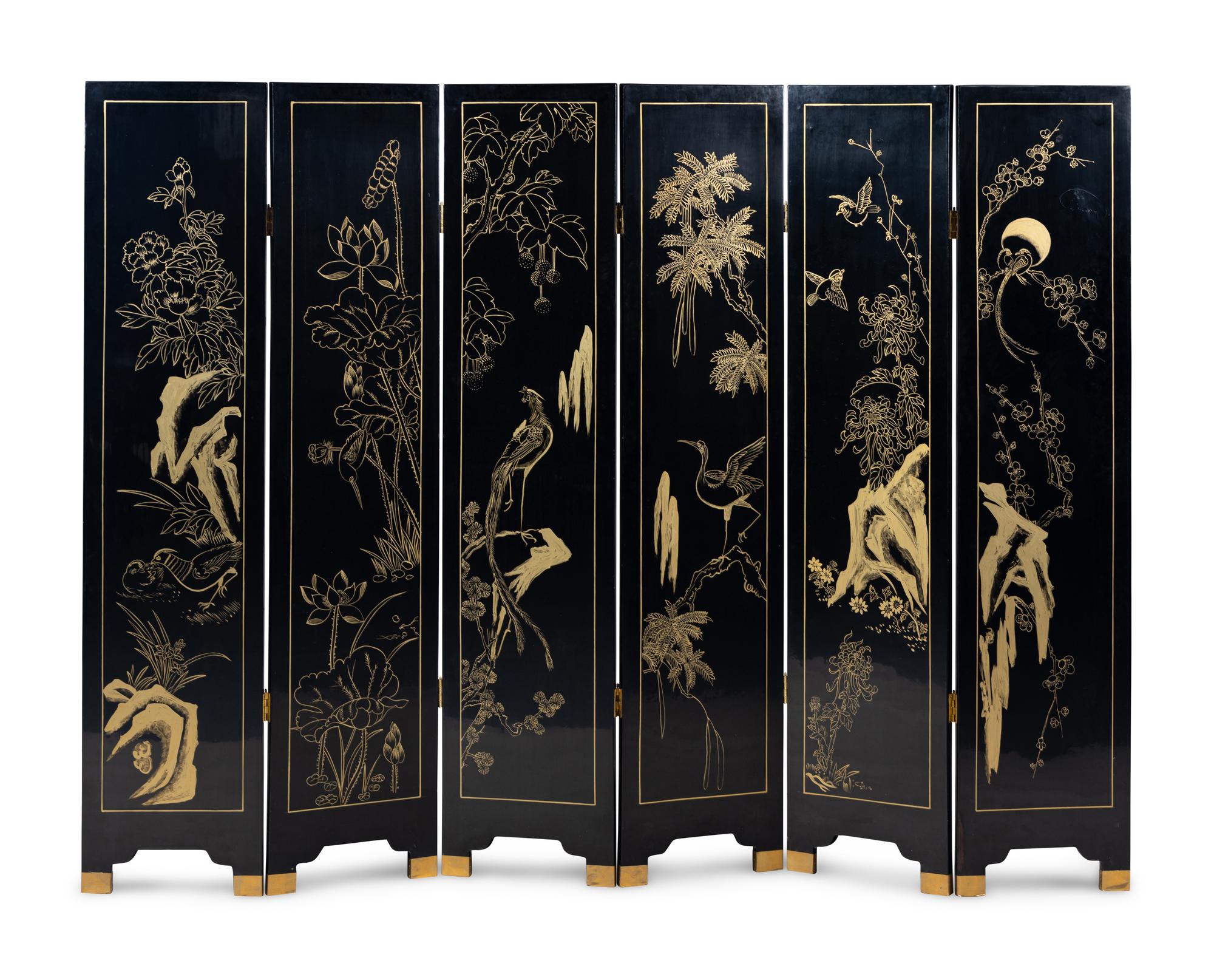 A Chinese Six-Panel Black Lacquered and Hardstone Inlaid Folding Screen