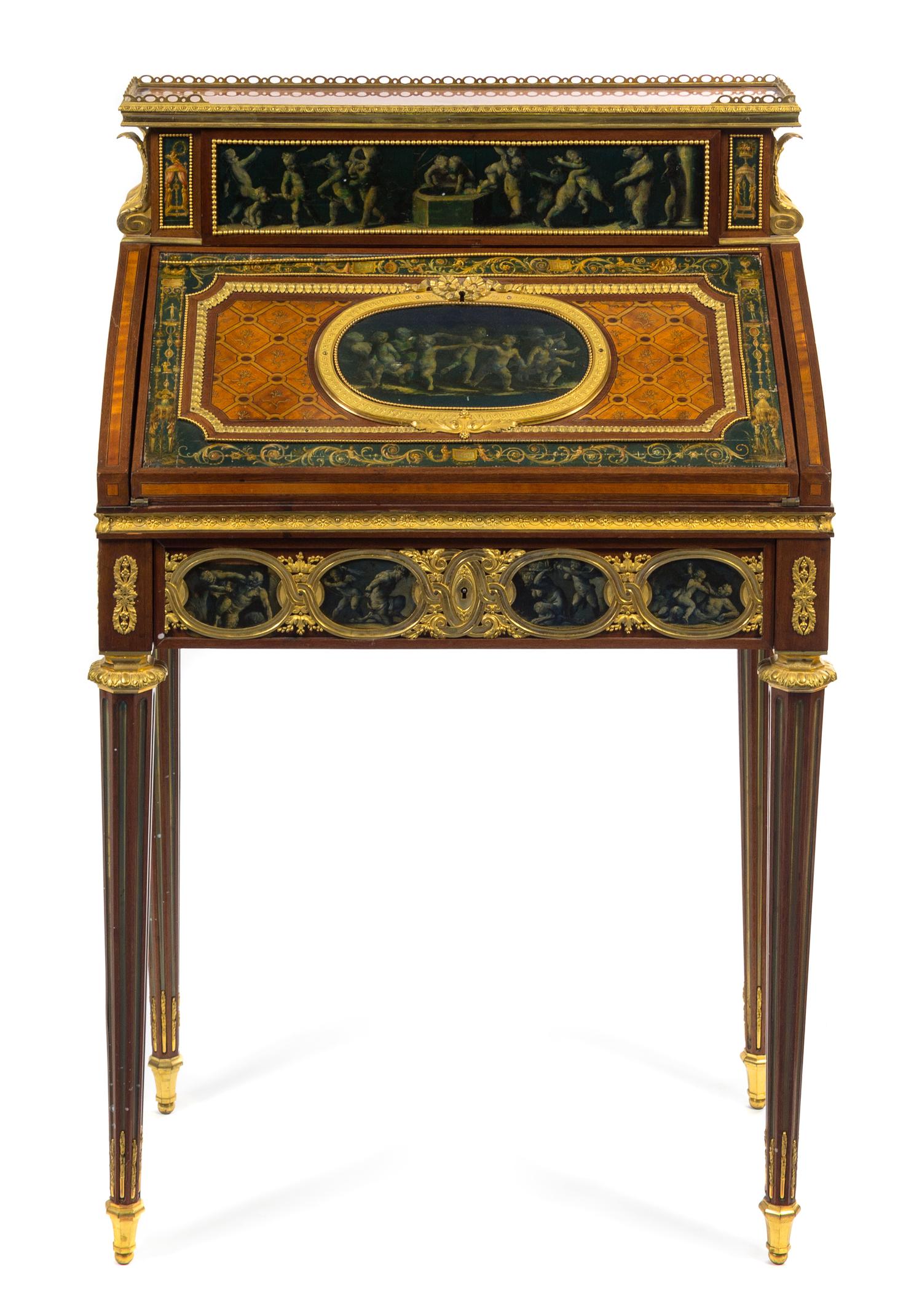 A Louis XVI Style Gilt Bronze Mounted Marquetry Bonheur du Jour Height 42 1/4 x width 26 1/8 x depth 14 5/8 inches. — 19TH CENTURY