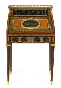 A Louis XVI Style Gilt Bronze Mounted Marquetry Bonheur du Jour Height 42 1/4 x width 26 1/8 x depth 14 5/8 inches. — 19TH CENTURY
