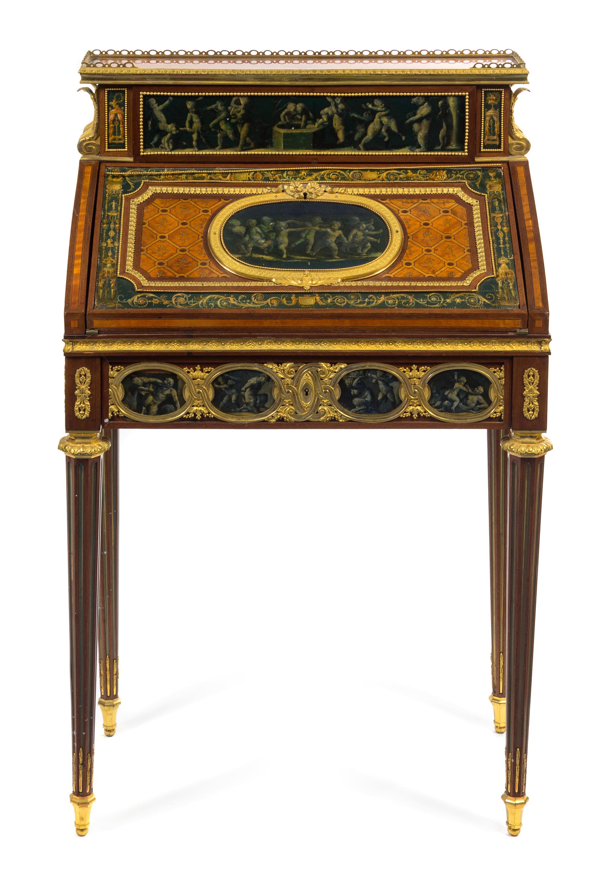 A Louis XVI Style Gilt Bronze Mounted Marquetry Bonheur du Jour Height 42 1/4 x width 26 1/8 x depth 14 5/8 inches. — 19TH CENTURY