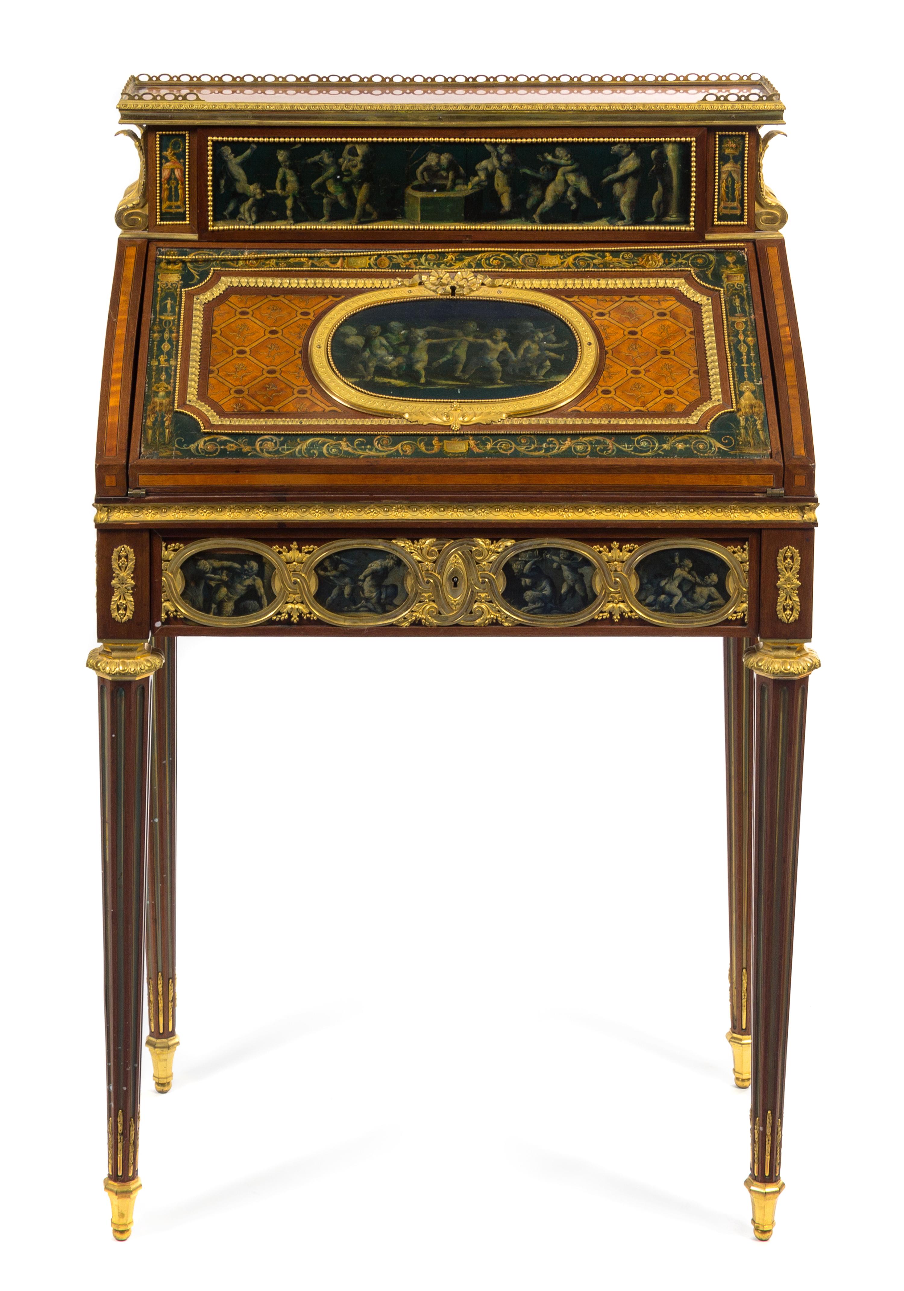 A Louis XVI Style Gilt Bronze Mounted Marquetry Bonheur du Jour Height 42 1/4 x width 26 1/8 x depth 14 5/8 inches. — 19TH CENTURY