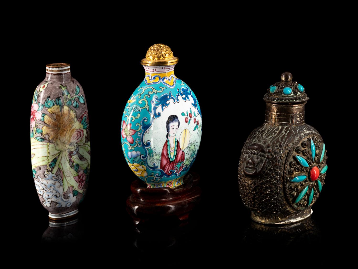 Two Chinese Canton Enamel on Copper Snuff Bottles and One Sino-Tibetan Hardstone Inset Silver Snuff Bottle