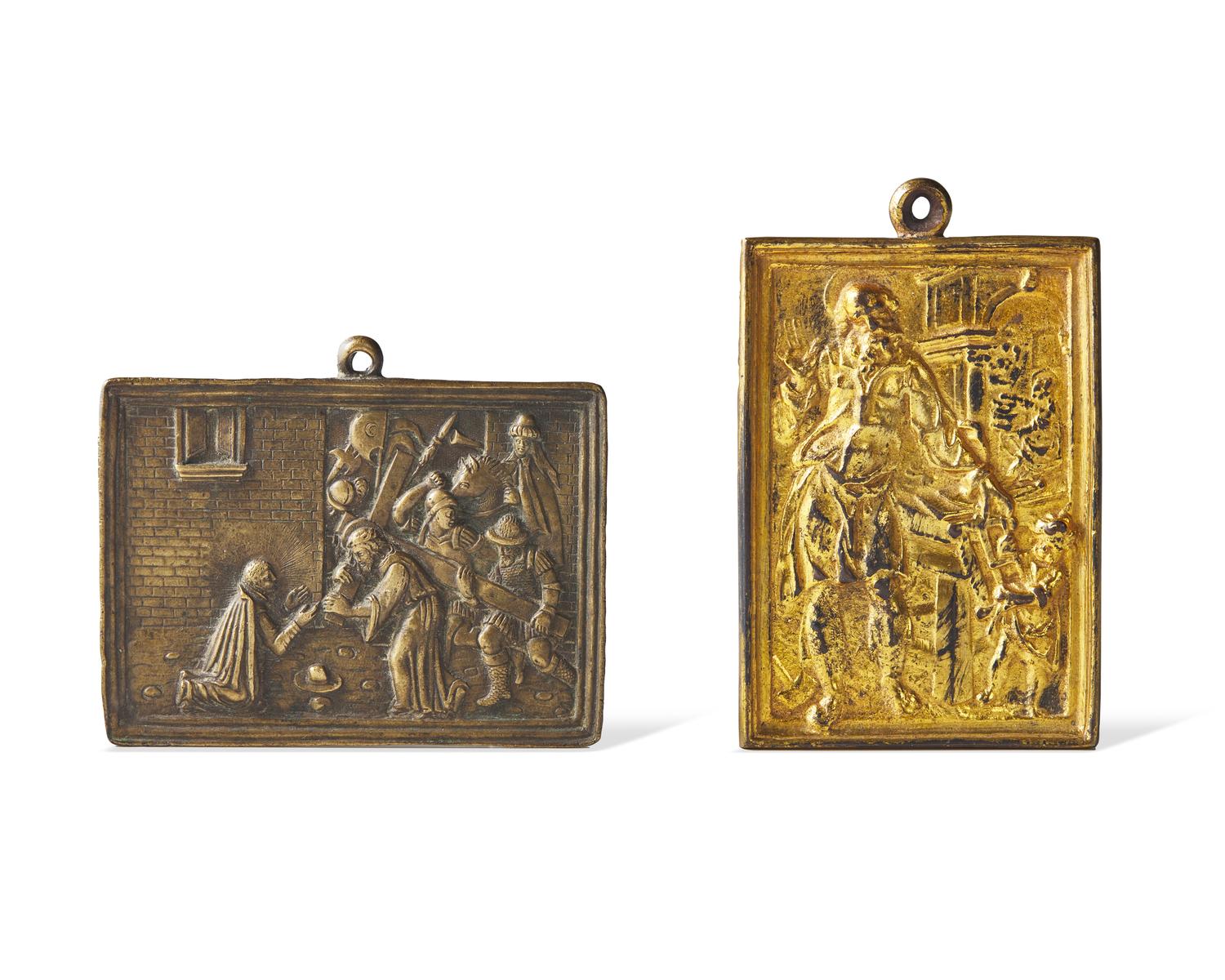 Two Hispano-Flemish bronze bas relief plaques depicting The Road to Calvary and Saint Joseph as the Carpenter, 17th century