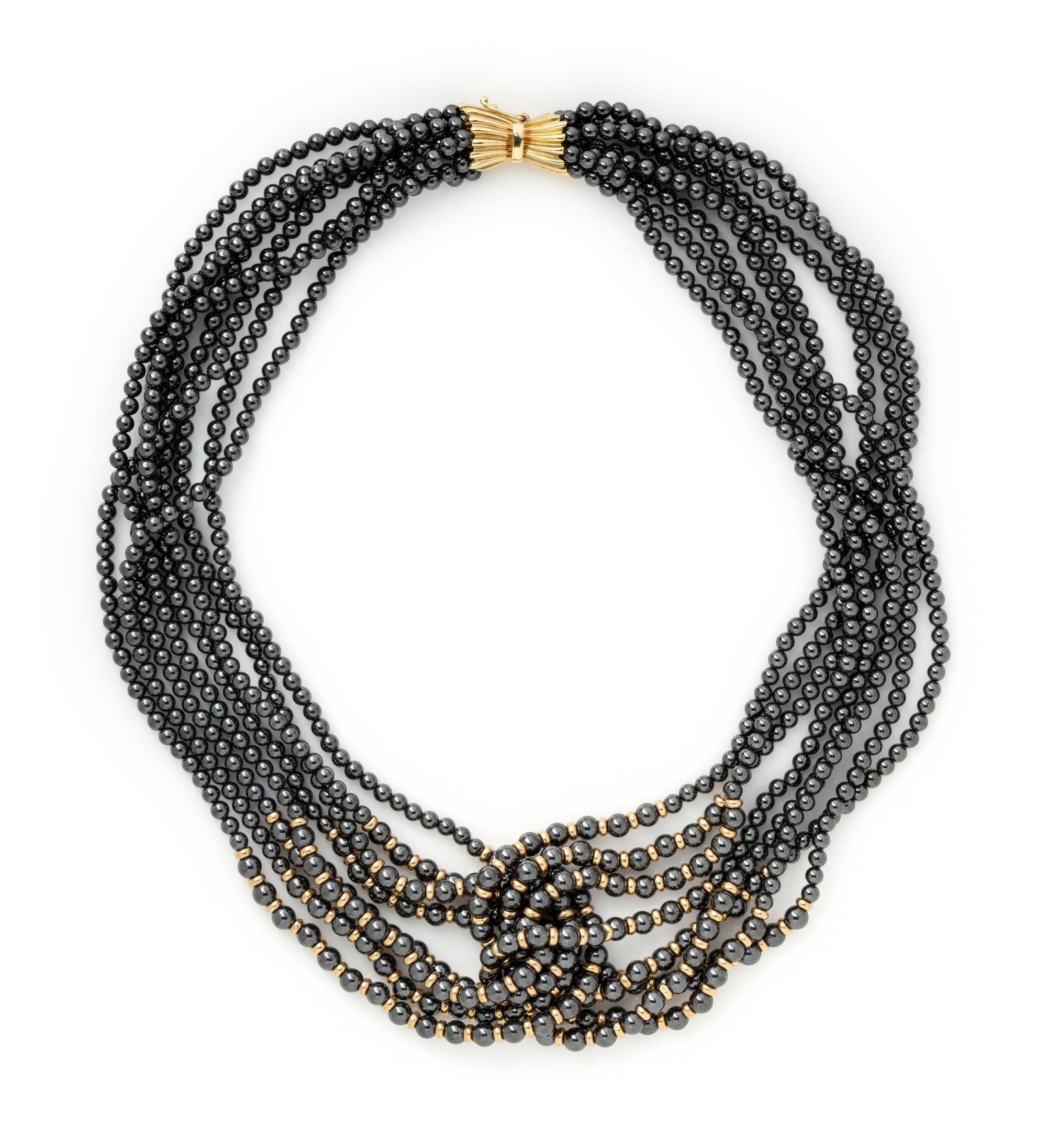YELLOW GOLD AND HEMATITE BEAD NECKLACE