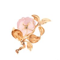 YELLOW GOLD, ROSE QUARTZ, AND DIAMOND FLOWER BROOCH/PENDANT