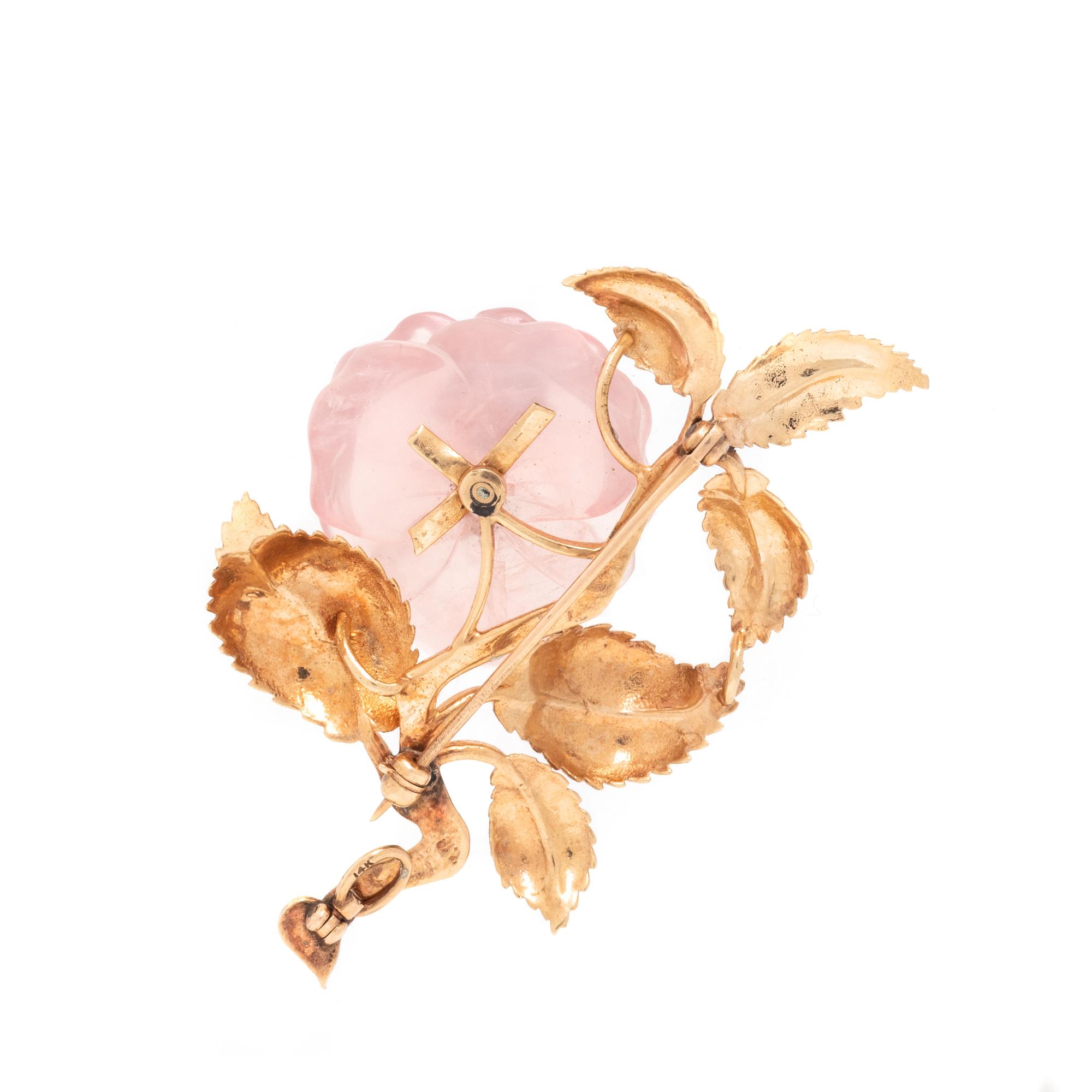 YELLOW GOLD, ROSE QUARTZ, AND DIAMOND FLOWER BROOCH/PENDANT