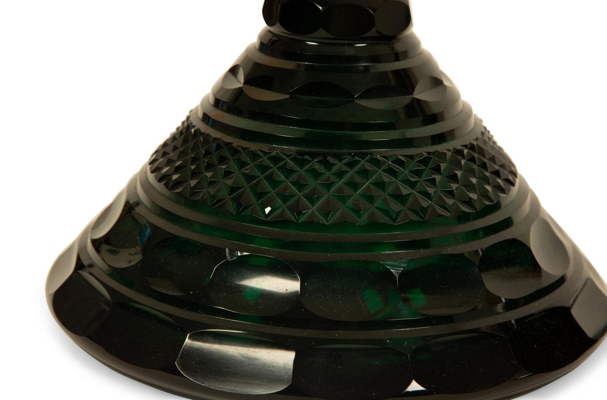 A Pair of Bristol Green Cut Glass Ship's Decanters with Silver Ring Stoppers
