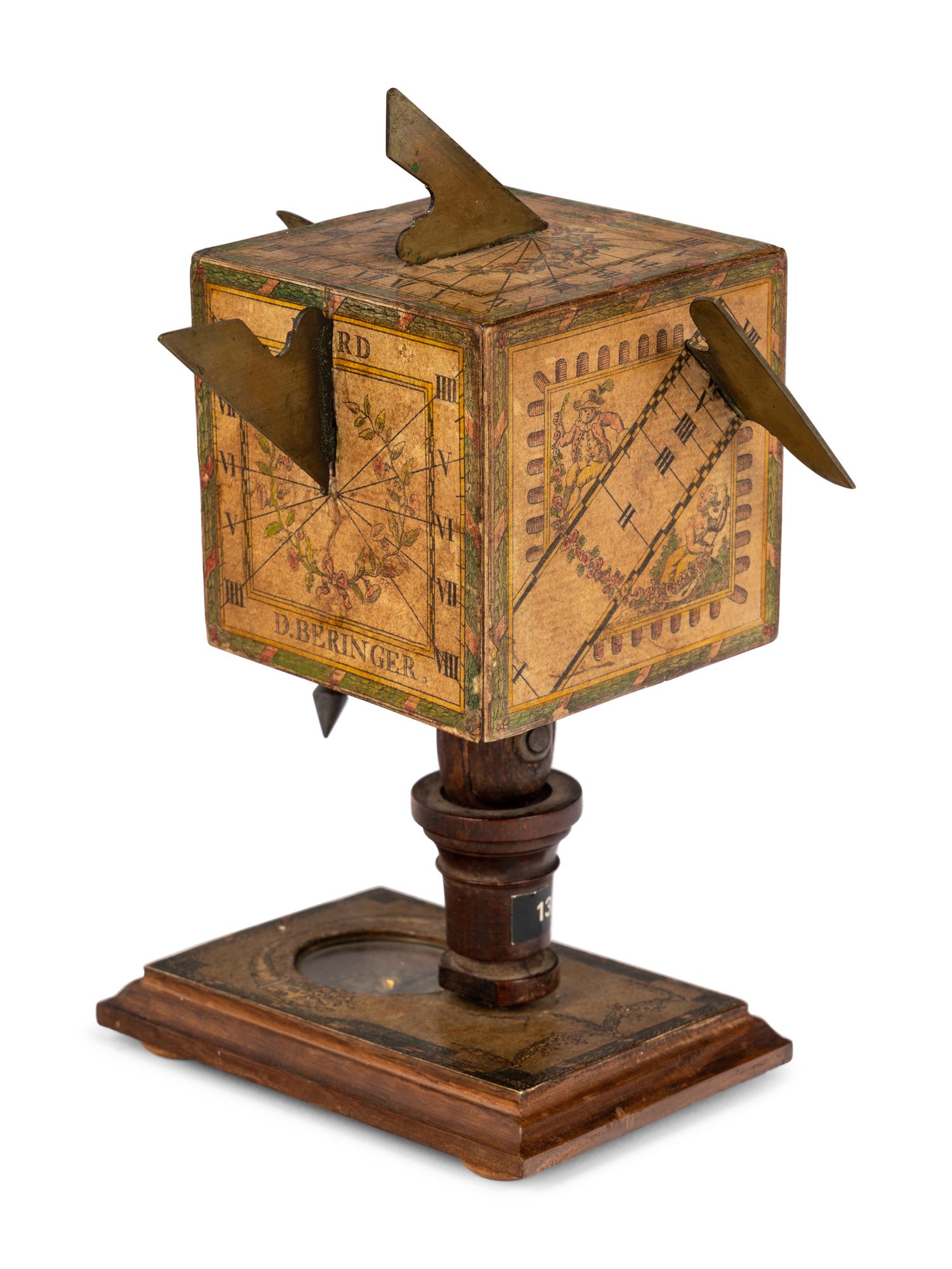 A German Fruitwood and Brass Polyhedral Portable Cube Sundial
