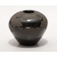 Blackware Sgraffito Pottery Jar, with Deer