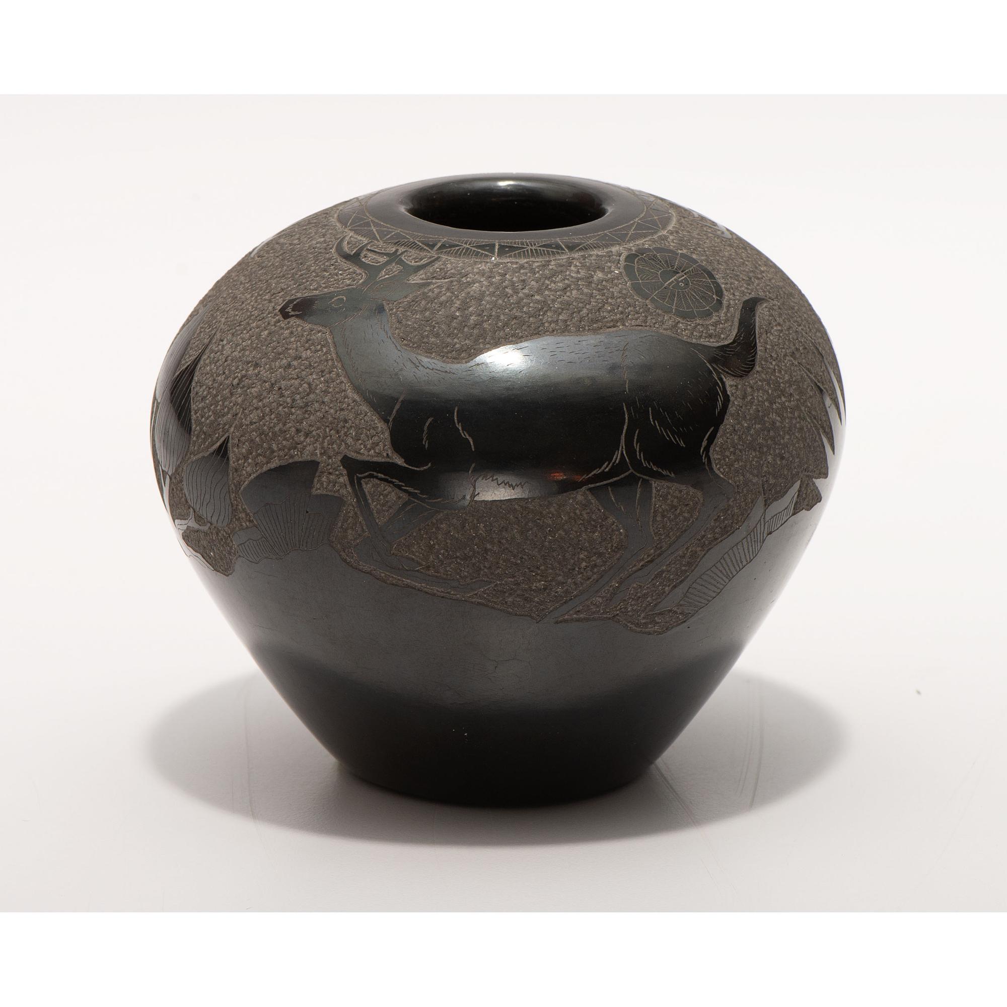 Blackware Sgraffito Pottery Jar, with Deer
