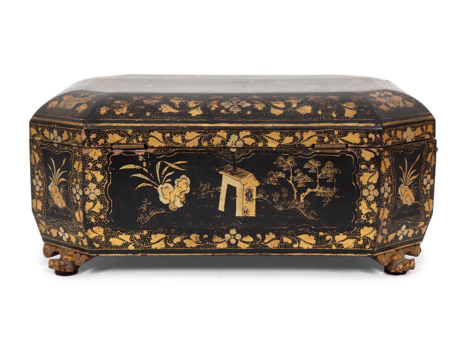 An English Chinoiserie Black and Gilt Lacquer Sewing Box