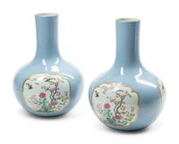 A Pair of Chinese Celeste Blue and Polychrome Porcelain Vases