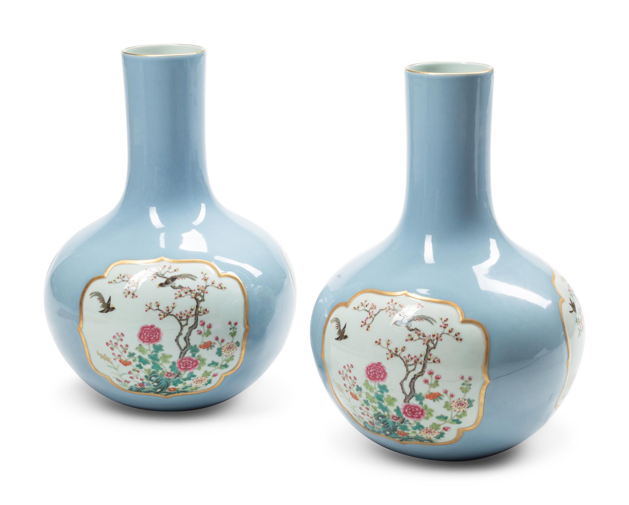 A Pair of Chinese Celeste Blue and Polychrome Porcelain Vases