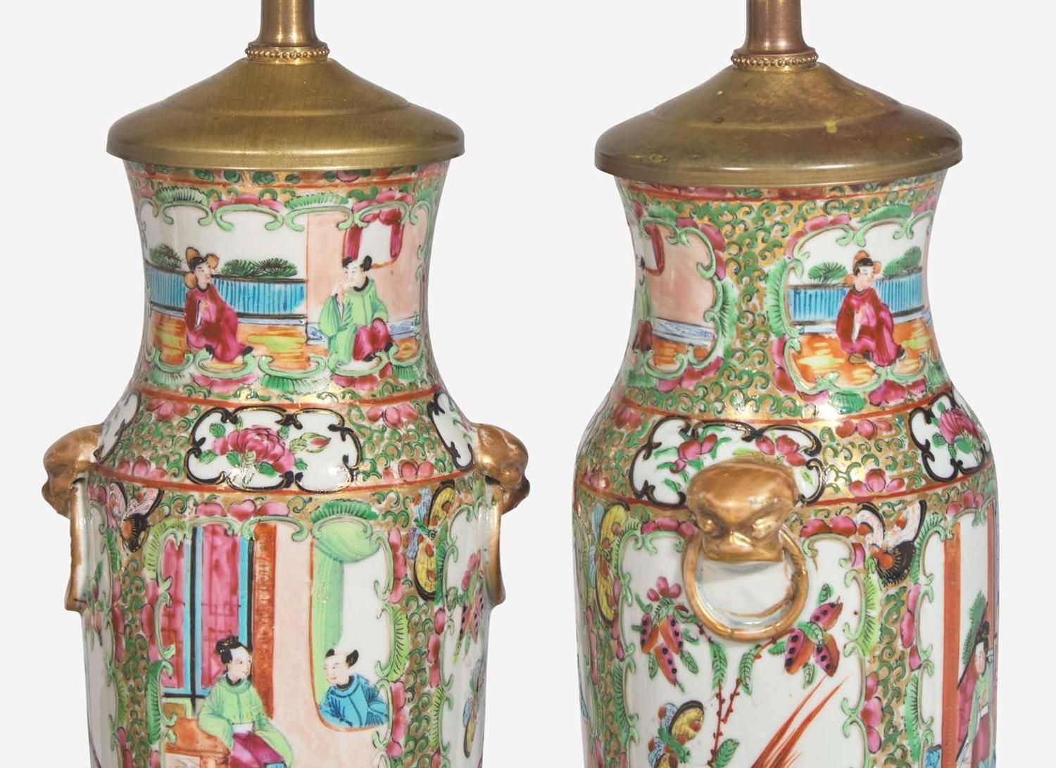 A Chinese Export porcelain Rose Mandarin punch bowl and pair of vases mounted as lamps, 19th century