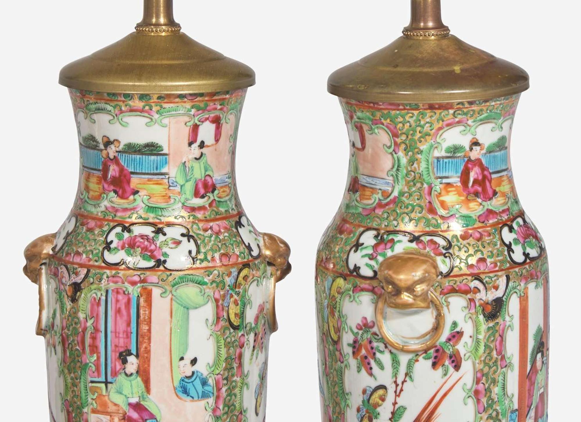 A Chinese Export porcelain Rose Mandarin punch bowl and pair of vases mounted as lamps, 19th century