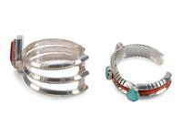 Navajo Silver, Turquoise, and Coral Contemporary Cuff Bracelets