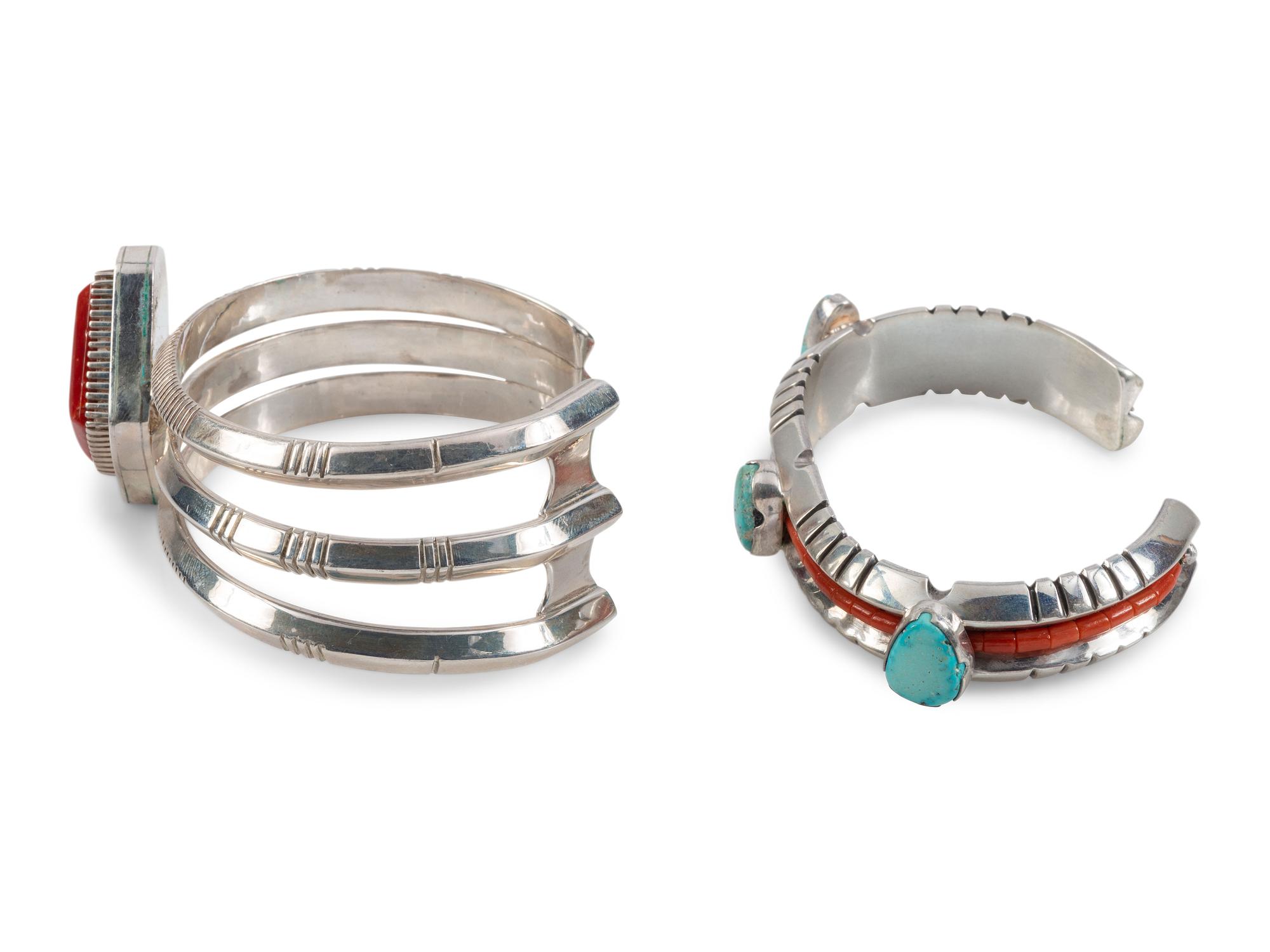 Navajo Silver, Turquoise, and Coral Contemporary Cuff Bracelets