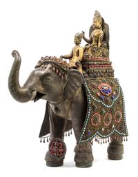 A Thai Hardstone Inlaid Bronze Figural Group of Elephant, Bodhisattva and Servant