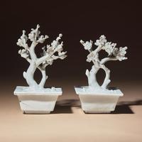A Pair of Chinese Blanc-de-Chine Porcelain Potted Trees, 18th-19th Century — 清中期 德化白瓷塑梅花盆景一對