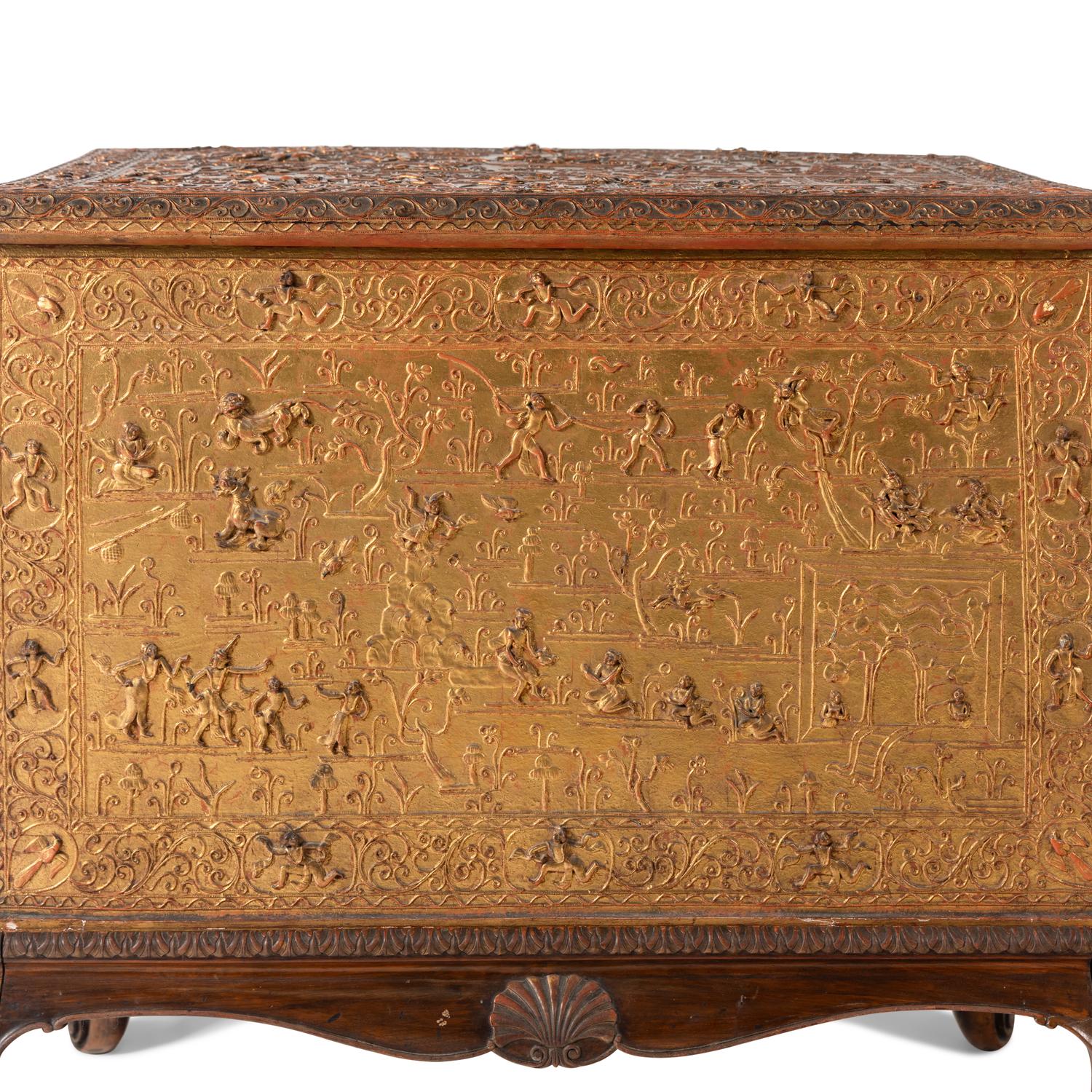 A Burmese Gilt Lacquer Manuscript Chest on an Associated Stand