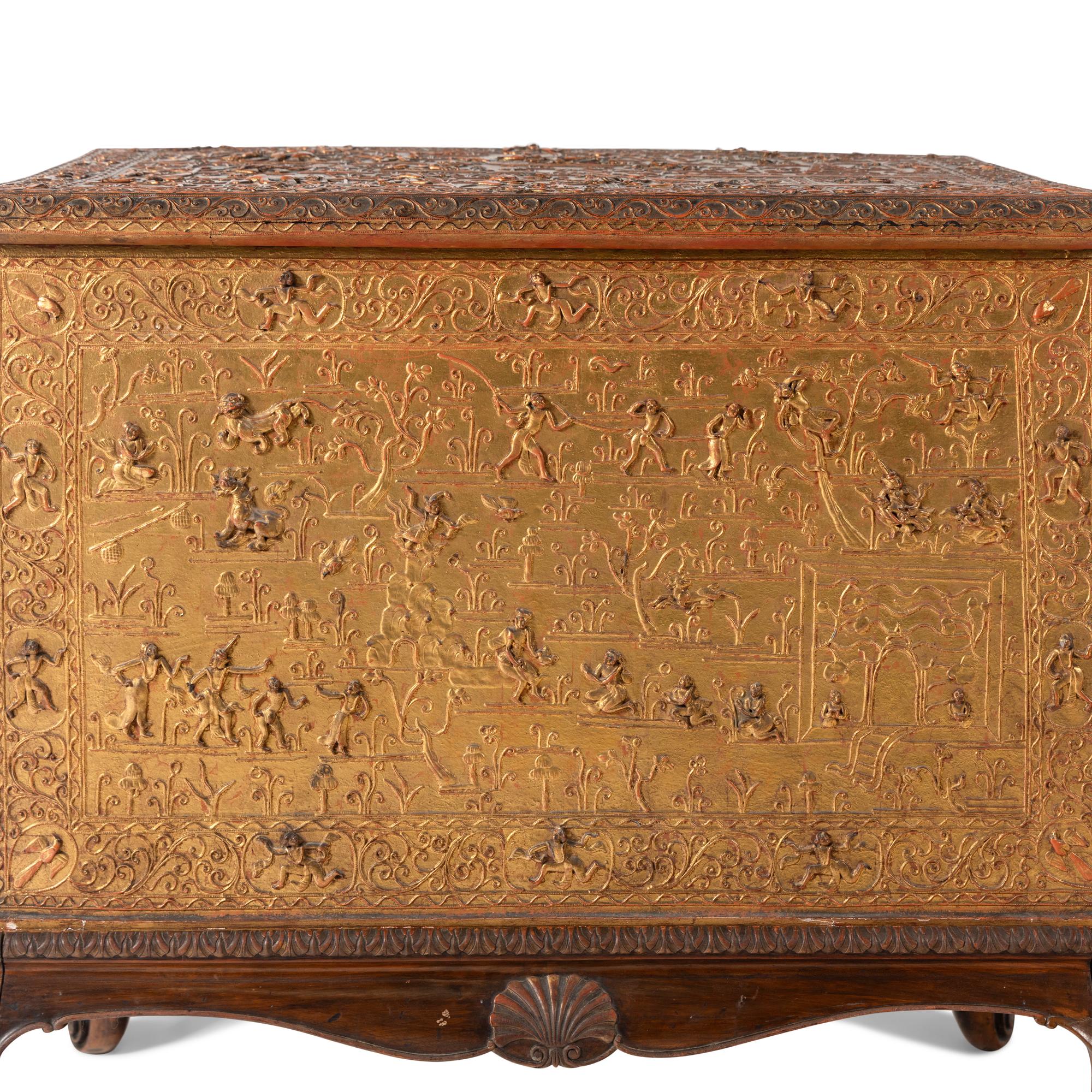 A Burmese Gilt Lacquer Manuscript Chest on an Associated Stand