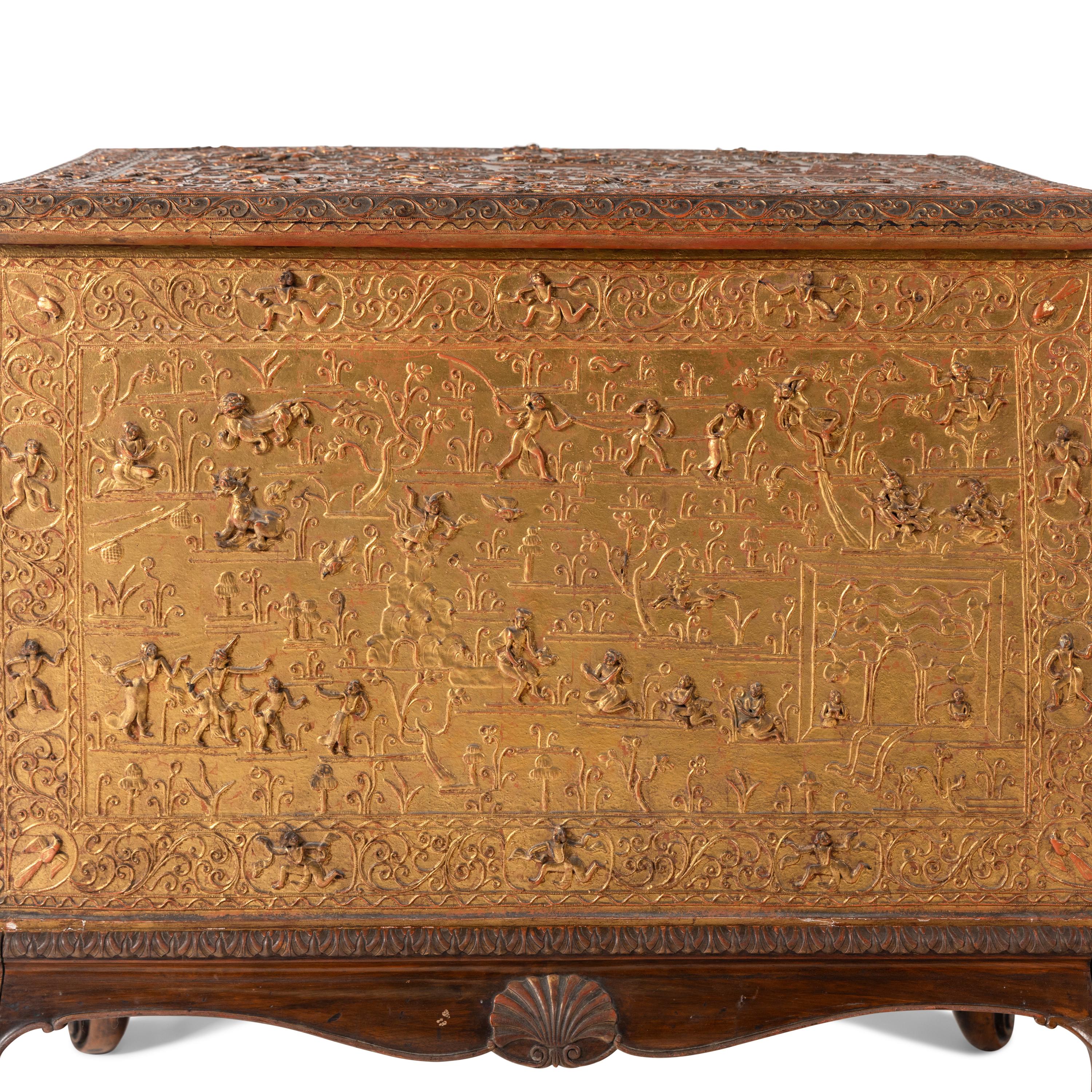 A Burmese Gilt Lacquer Manuscript Chest on an Associated Stand