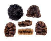 Collection of Six Fur Pieces: Two Hats, Two Headbands, One Pair of Cuffs
