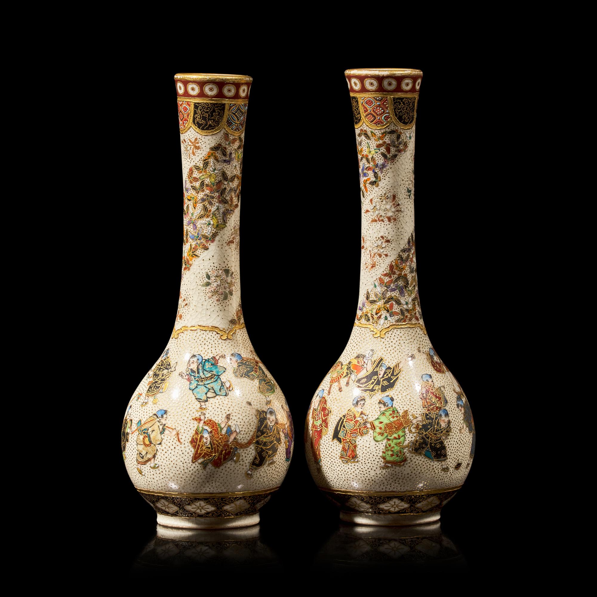 A Pair of Satsuma-Type 'Playing Boys' Cabinet Vases, Yabu Meizan; Meiji Period
