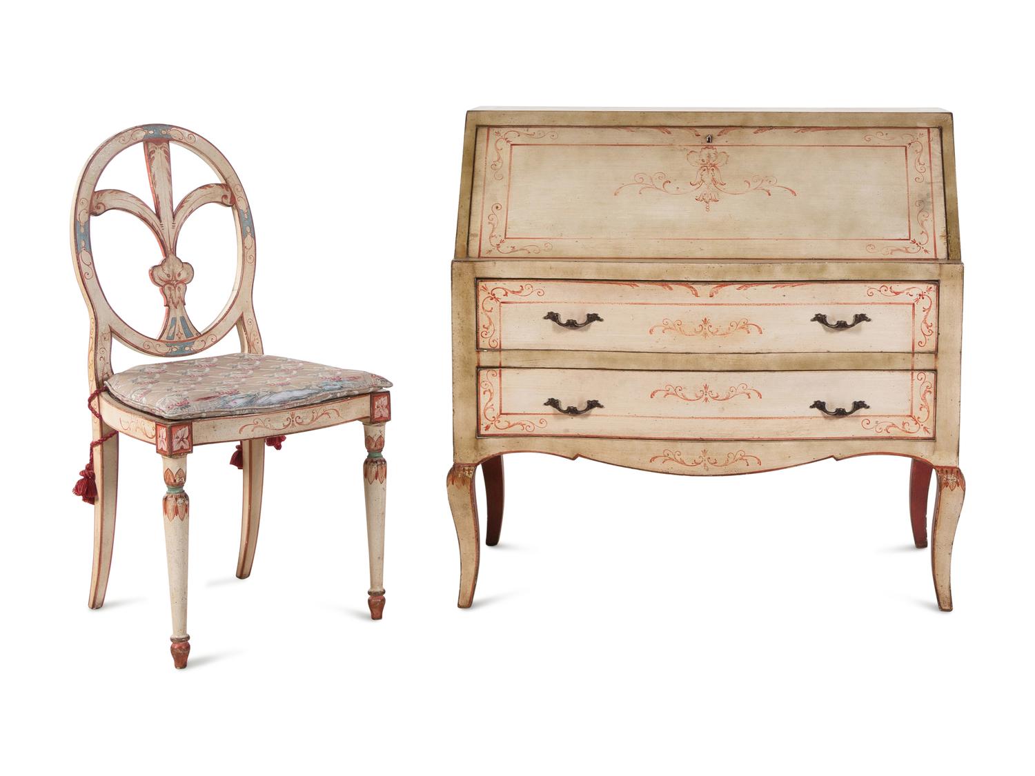An Italian Painted Slant-Front Desk and Side Chair