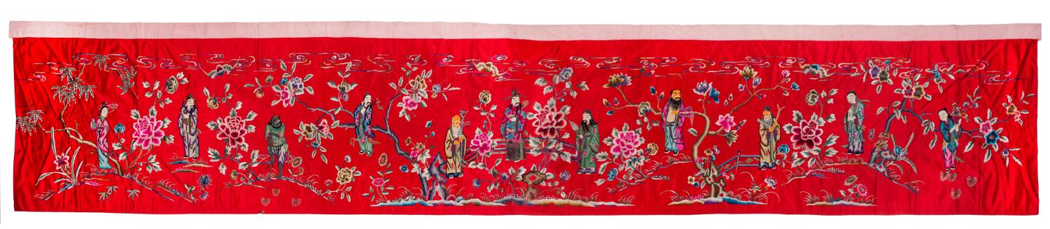 A Chinese Embroidered Silk Panel 32 x 181 inches.