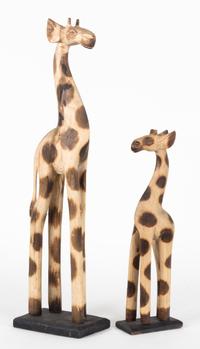 A Pair of Painted Wood Models of Giraffes Height of taller 24 1/4 inches. — 20TH CENTURY