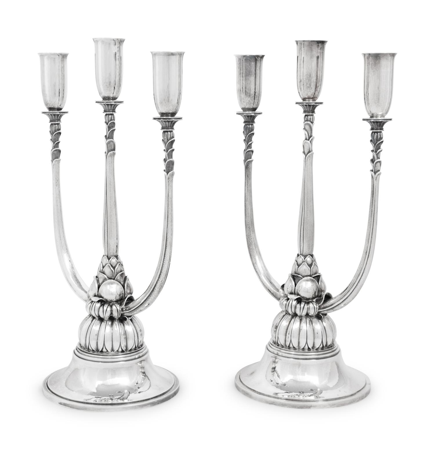 A Pair of Harald Nielsen for Georg Jensen Silver Three-Light Candelabra