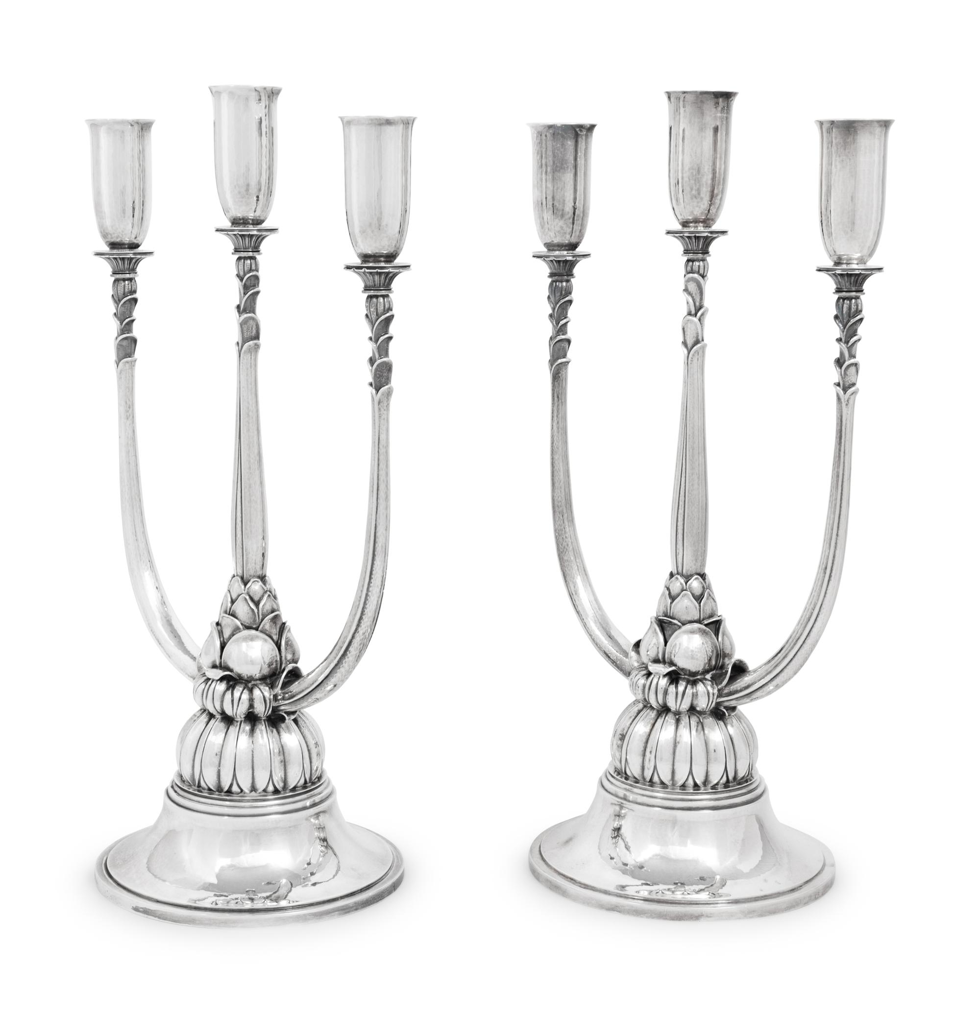 A Pair of Harald Nielsen for Georg Jensen Silver Three-Light Candelabra