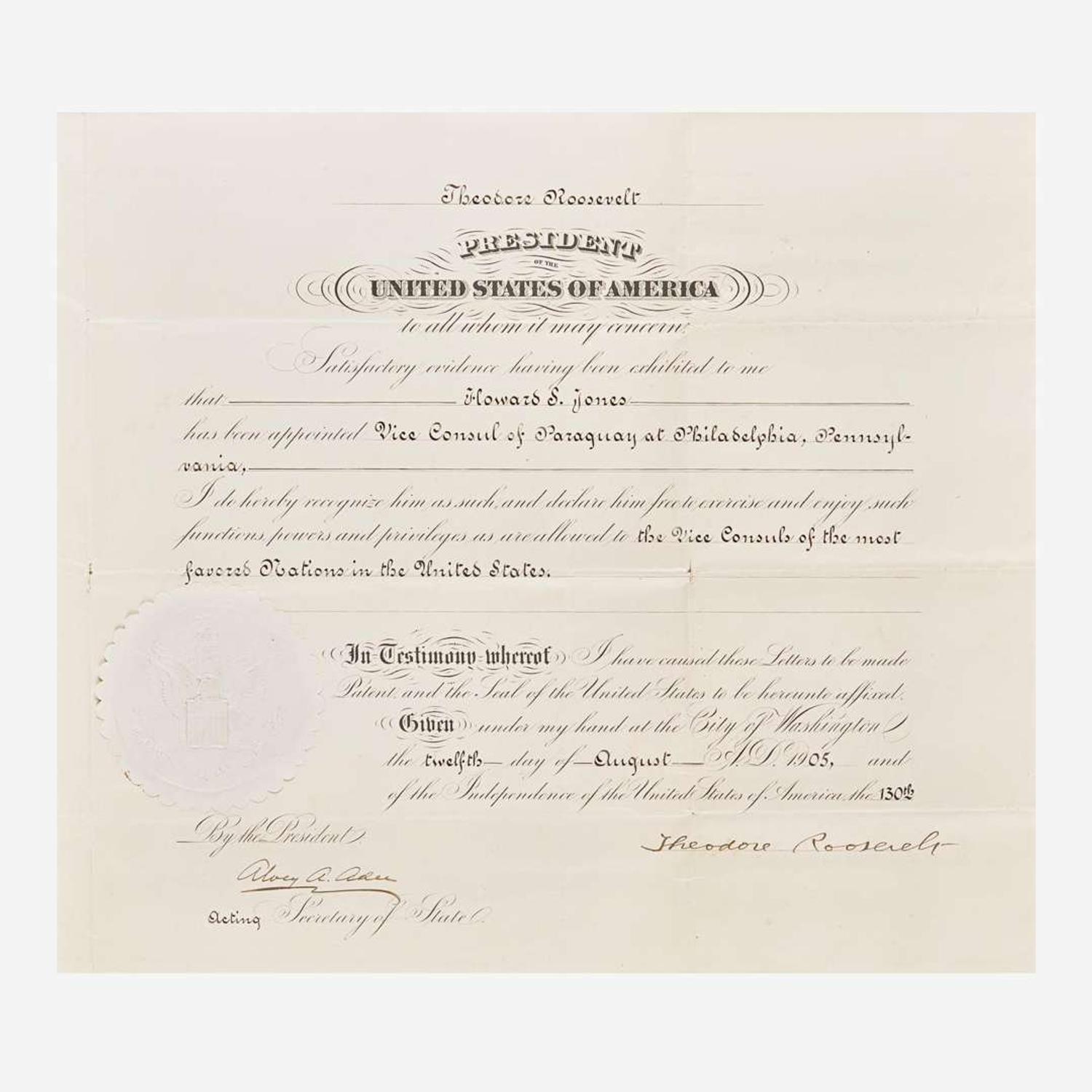 [Presidential] Roosevelt, Theodore Signed Diplomatic Appointment