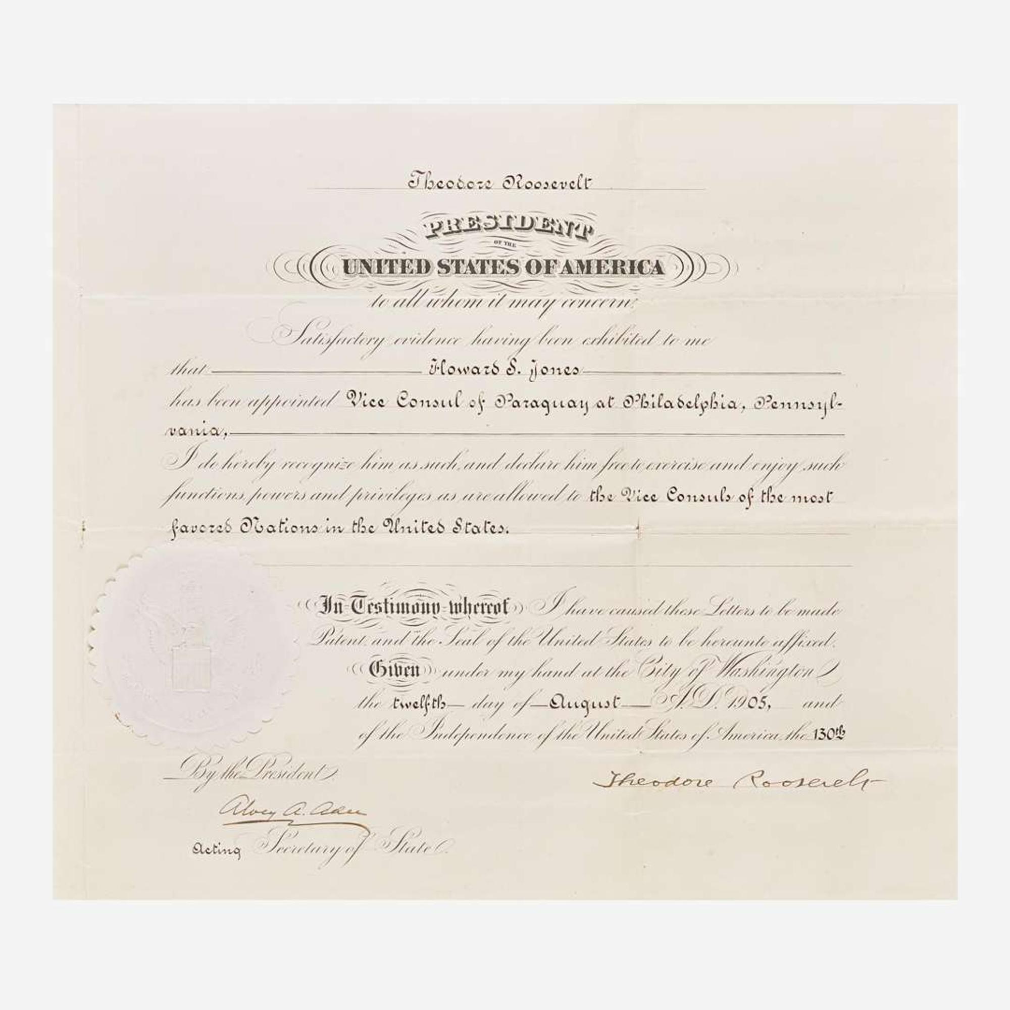 [Presidential] Roosevelt, Theodore Signed Diplomatic Appointment