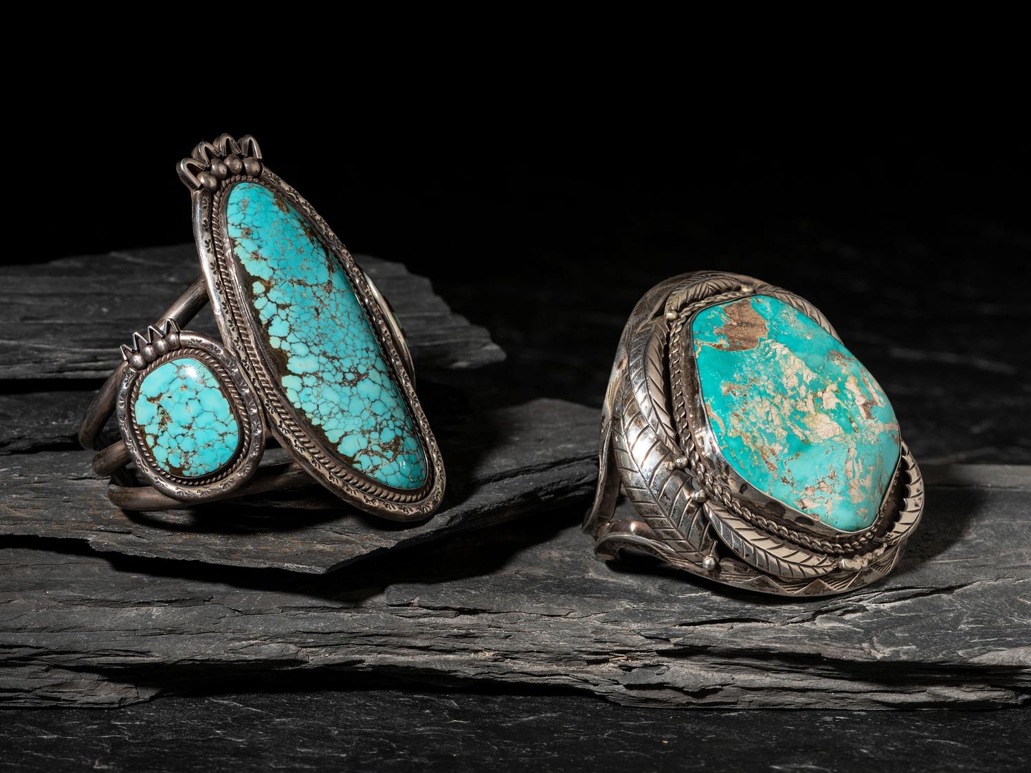 Pair of Large Navajo Silver and Turquoise Cuff Bracelets