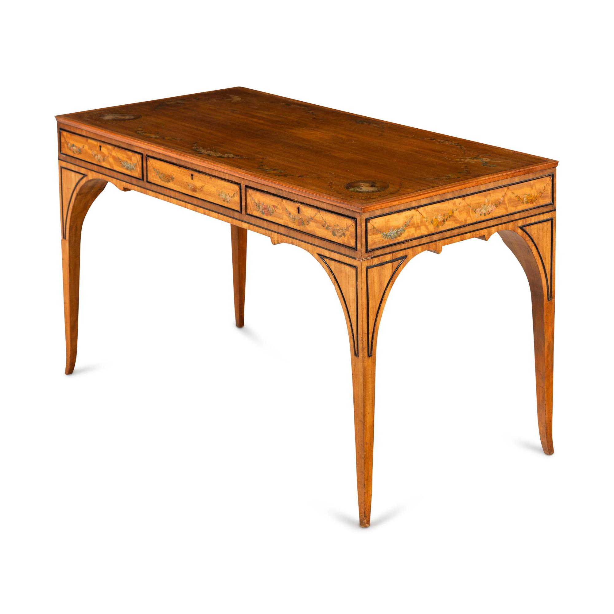 An Edwardian Satinwood and Polychrome Painted Library Table