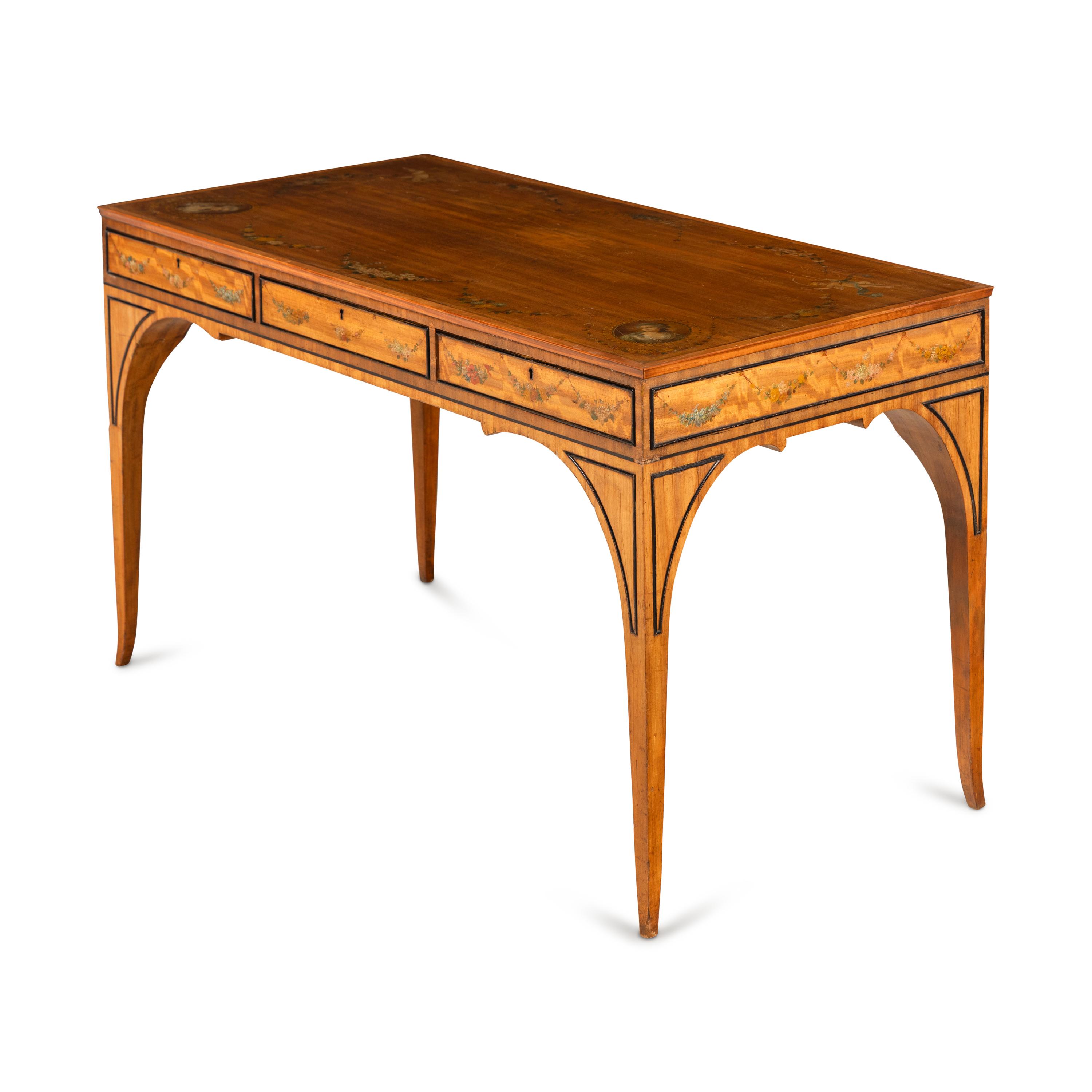 An Edwardian Satinwood and Polychrome Painted Library Table