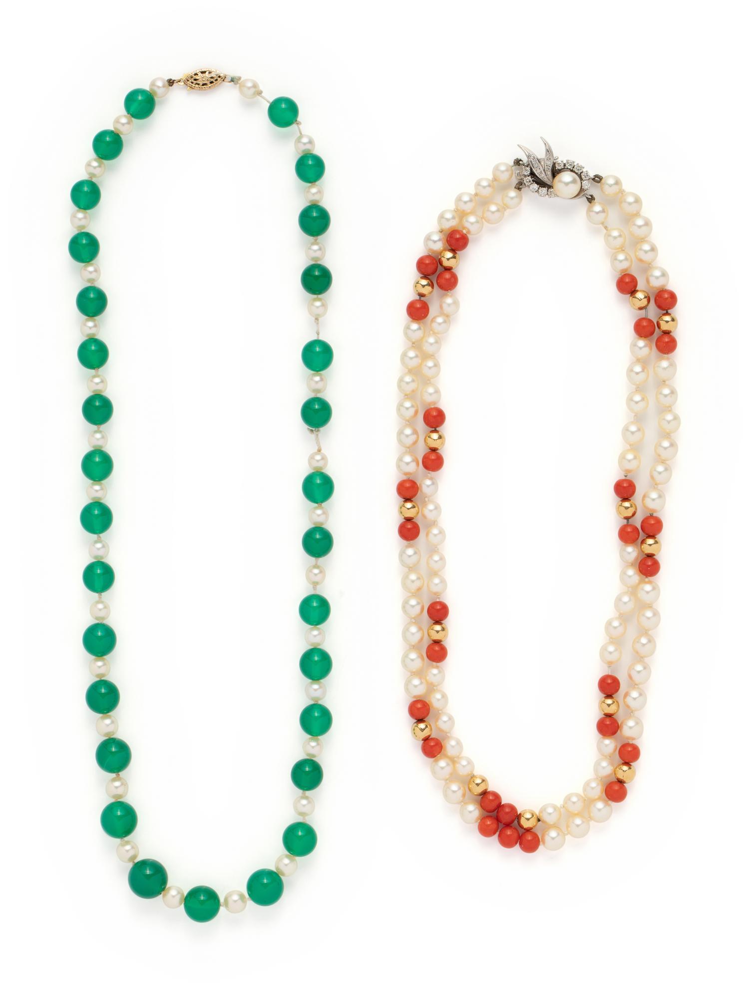 COLLECTION OF GOLD AND CULTURED PEARL BEAD NECKLACES