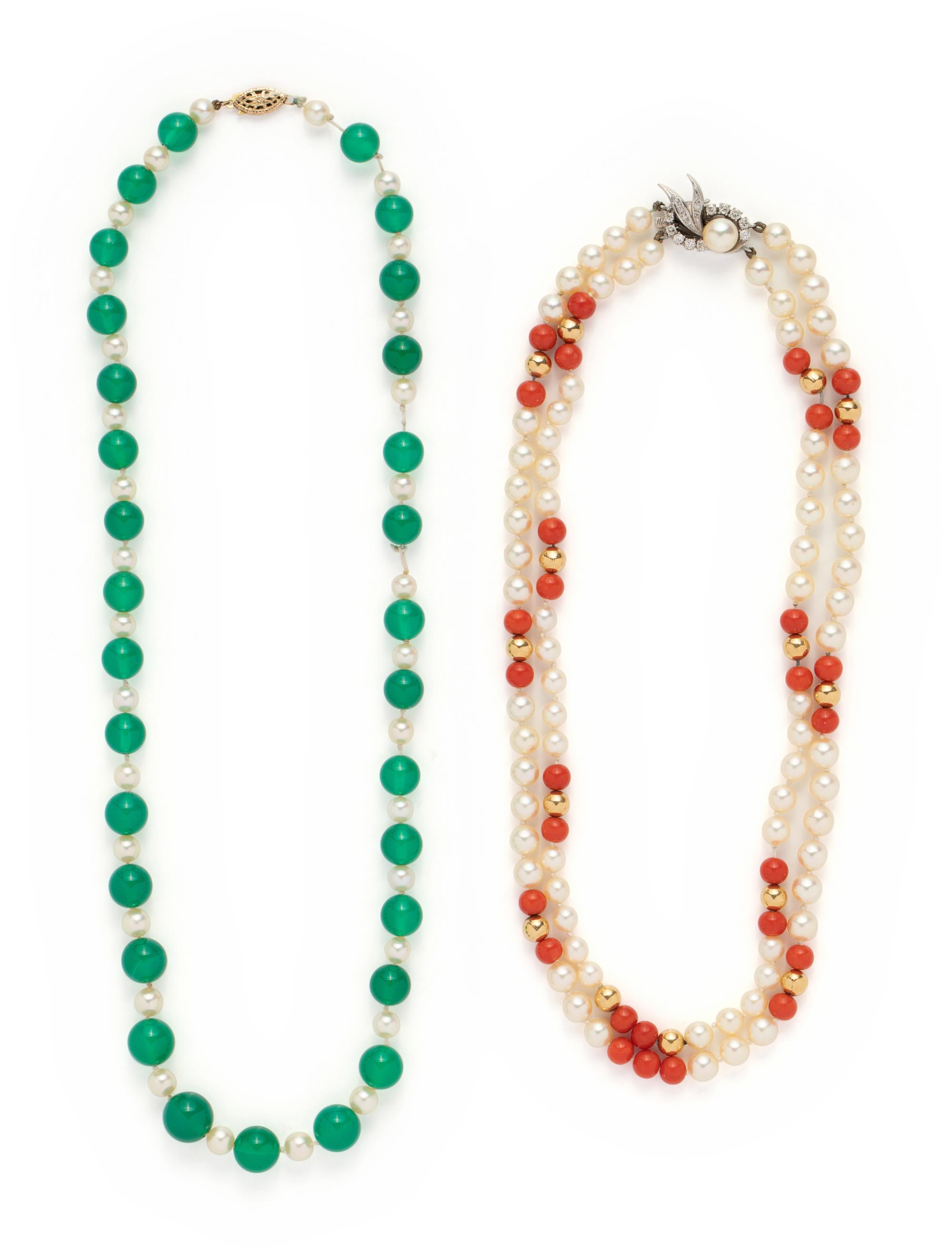 COLLECTION OF GOLD AND CULTURED PEARL BEAD NECKLACES