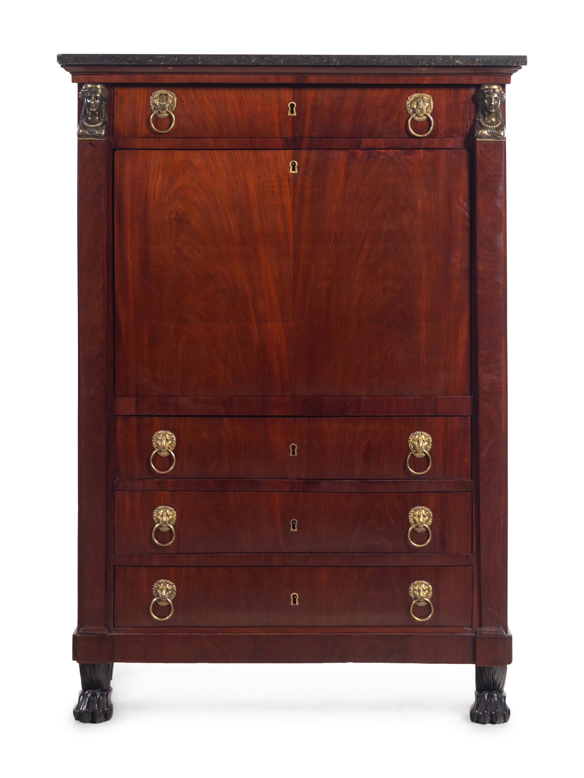 An Empire Style Bronze Mounted Mahogany Marble-Top Secrétaire à Abattant