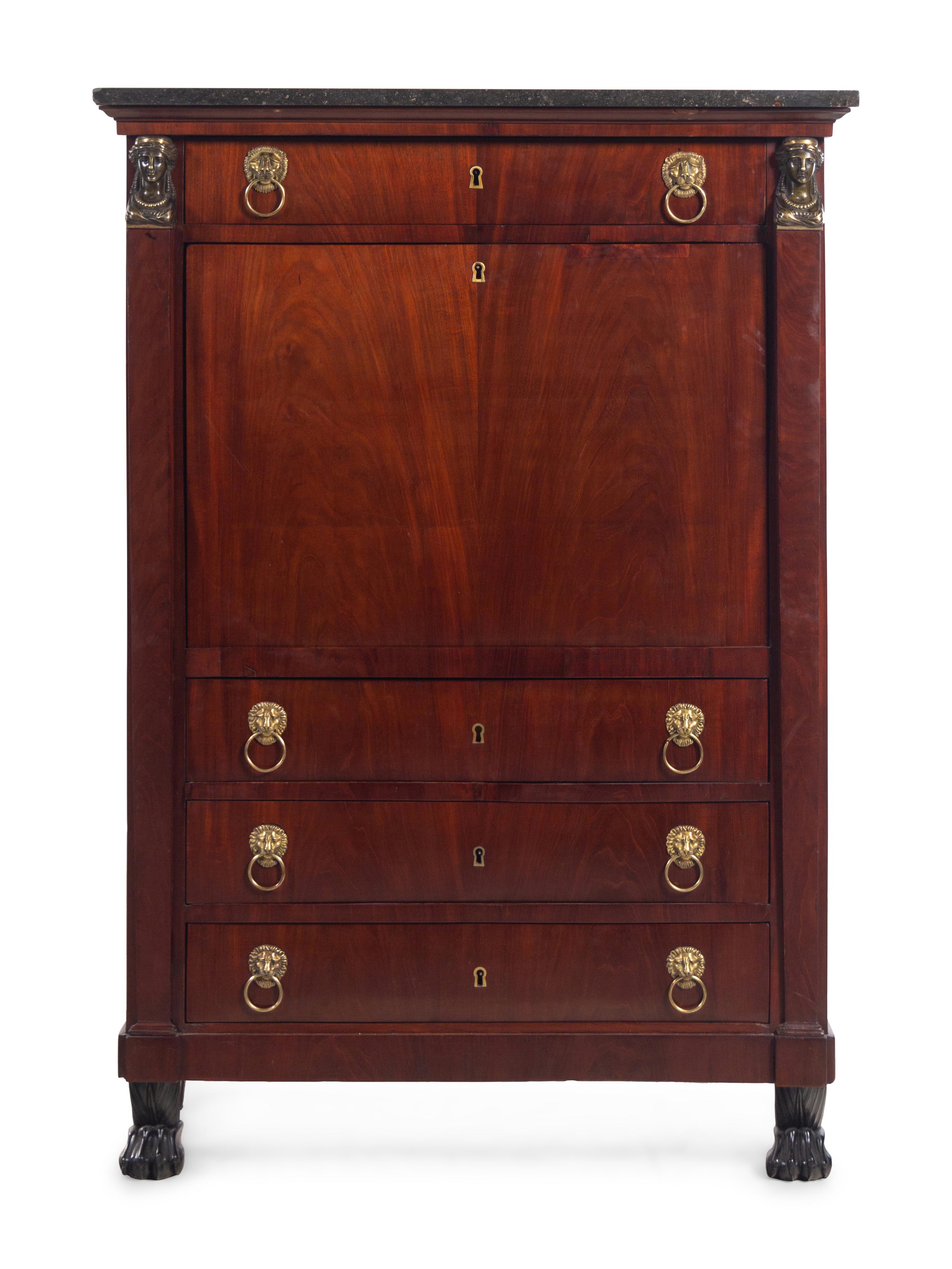 An Empire Style Bronze Mounted Mahogany Marble-Top Secrétaire à Abattant