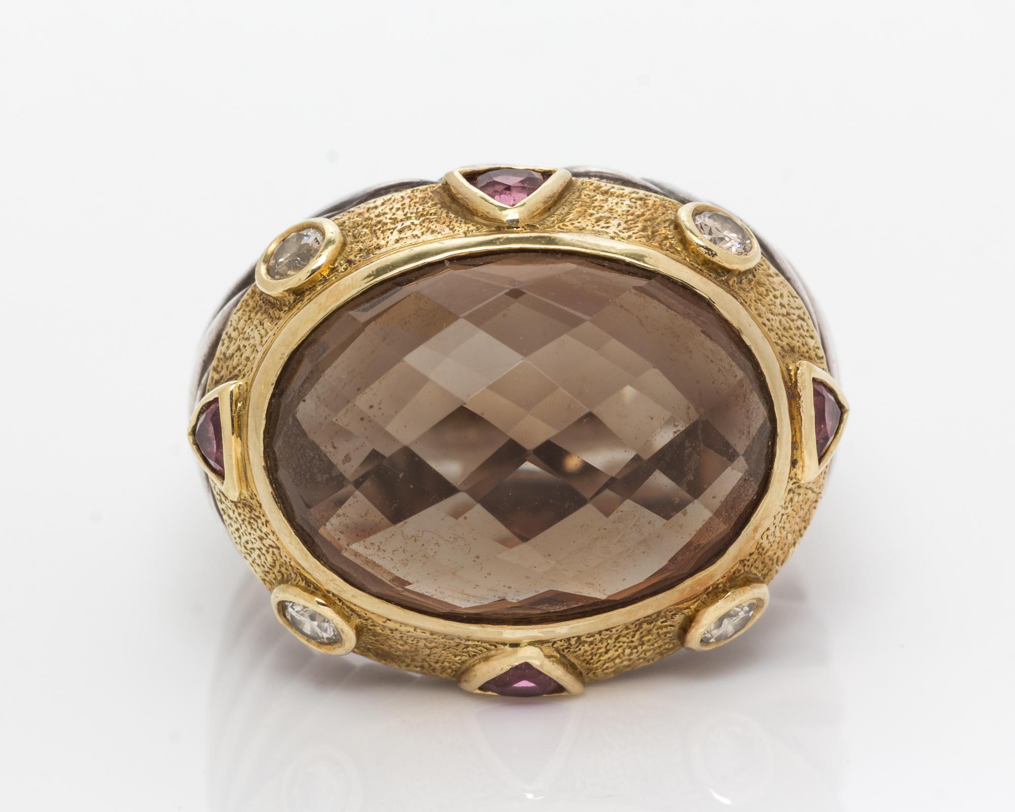 A Sterling Silver, 18 Karat Yellow Gold, Smoky Quartz, Diamond and Pink Tourmaline Ring, David Yurman, 9.50 dwts.