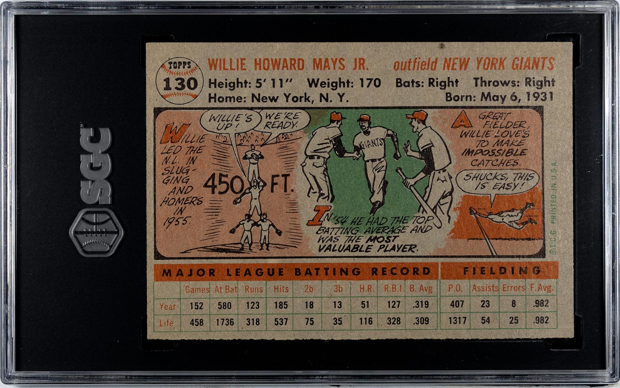 A 1956 Topps Willie Mays Gray Back Baseball Card No. 130 (SGC 5 EX)