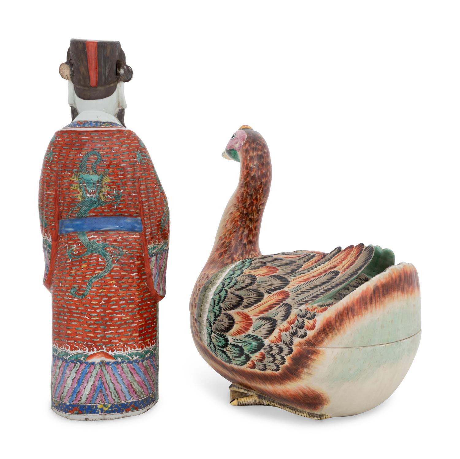 A Chinese Polychromed Sanxing God of Prosperity Figure and a Mottahedeh Ceramic Goose Tureen